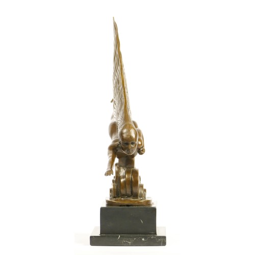 202 - Riviere, an Art Deco style bronze of a flying lady, raised on an onyx base, length 34cm.