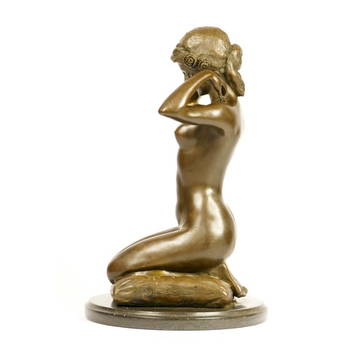 203 - After Paul Ponsard, a bronze of a kneeling nude lady “New Necklace”, raised on an onyx base, 30cm.