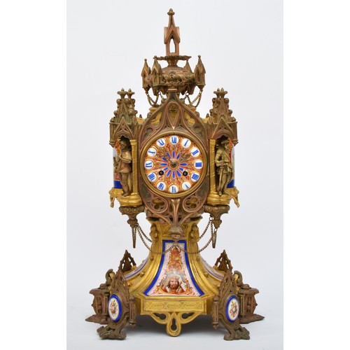 293 - A French 19th century porcelain and ormolu mantel clock, the polychrome dial with blue Roman numeral... 