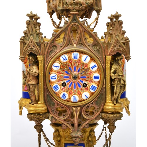 293 - A French 19th century porcelain and ormolu mantel clock, the polychrome dial with blue Roman numeral... 