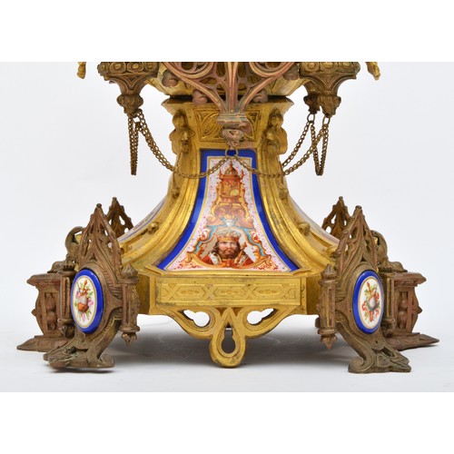 293 - A French 19th century porcelain and ormolu mantel clock, the polychrome dial with blue Roman numeral... 