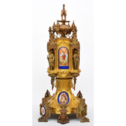 293 - A French 19th century porcelain and ormolu mantel clock, the polychrome dial with blue Roman numeral... 