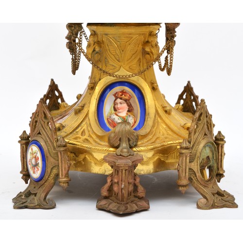 293 - A French 19th century porcelain and ormolu mantel clock, the polychrome dial with blue Roman numeral... 