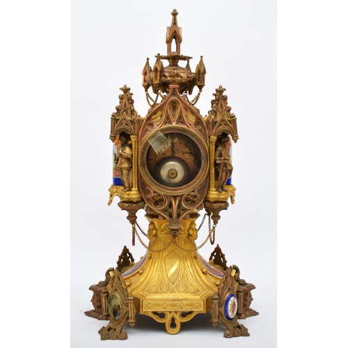 293 - A French 19th century porcelain and ormolu mantel clock, the polychrome dial with blue Roman numeral... 