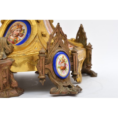 293 - A French 19th century porcelain and ormolu mantel clock, the polychrome dial with blue Roman numeral... 