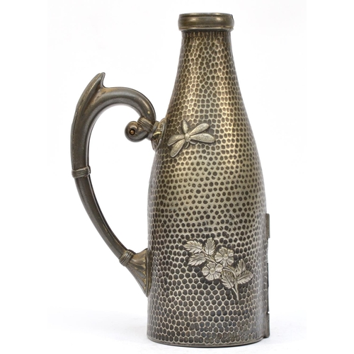 206 - An American Aesthetic Period Britannia metal bottle holder, by Meriden, 1881 patent, with insect and... 