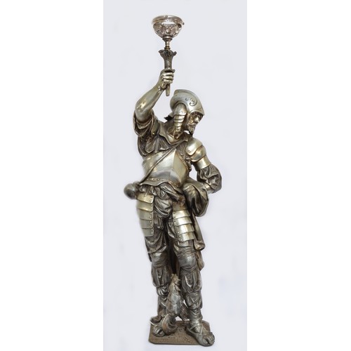 212 - A late 19th/early 20th century French silvered metal figural lamp, in the form of a 16th century war... 