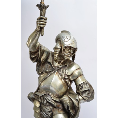 212 - A late 19th/early 20th century French silvered metal figural lamp, in the form of a 16th century war... 