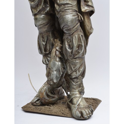 212 - A late 19th/early 20th century French silvered metal figural lamp, in the form of a 16th century war... 