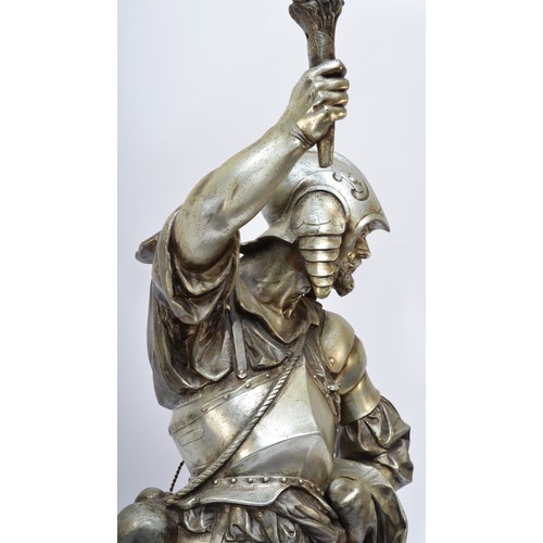 212 - A late 19th/early 20th century French silvered metal figural lamp, in the form of a 16th century war... 