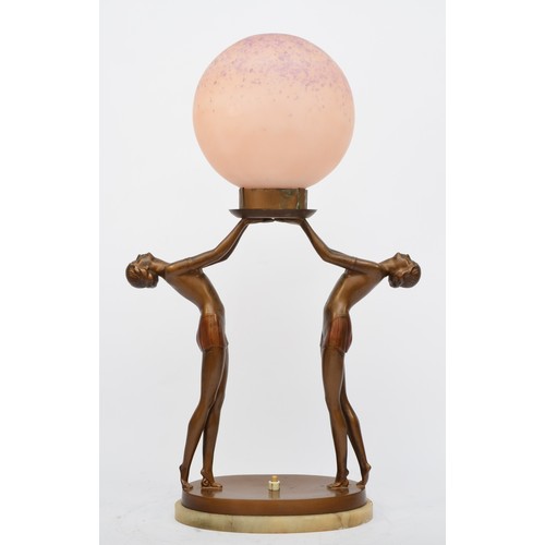 215 - An Art Deco German spelter double figure lady lamp, in the style of Lorenzl, c.1930, cold-painted go... 