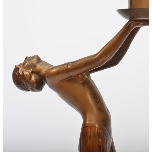 215 - An Art Deco German spelter double figure lady lamp, in the style of Lorenzl, c.1930, cold-painted go... 