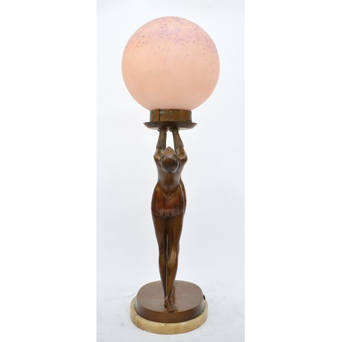 215 - An Art Deco German spelter double figure lady lamp, in the style of Lorenzl, c.1930, cold-painted go... 