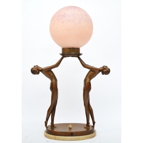 215 - An Art Deco German spelter double figure lady lamp, in the style of Lorenzl, c.1930, cold-painted go... 