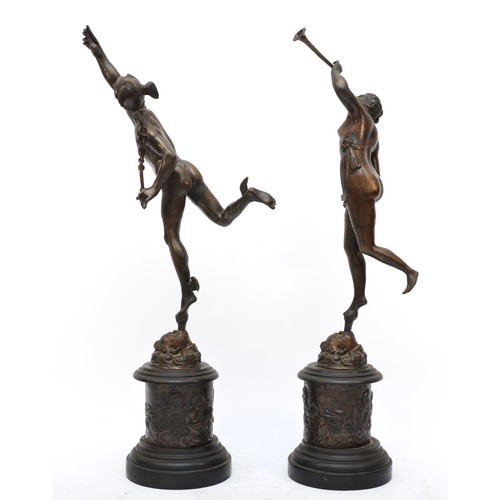 216 - A 19th century pair of bronzed spelter figures of Mercury and Fortuna, after Giambologna (Italian, 1... 