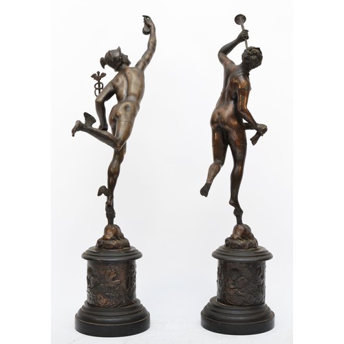 216 - A 19th century pair of bronzed spelter figures of Mercury and Fortuna, after Giambologna (Italian, 1... 