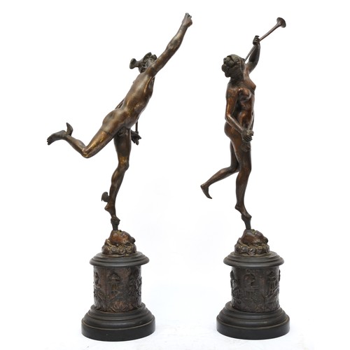 216 - A 19th century pair of bronzed spelter figures of Mercury and Fortuna, after Giambologna (Italian, 1... 