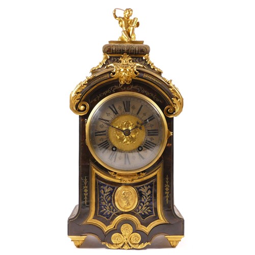 290 - A 19th century French boulle mantel clock, the 14 cm dial with silvered chapter ring, the red tortoi... 