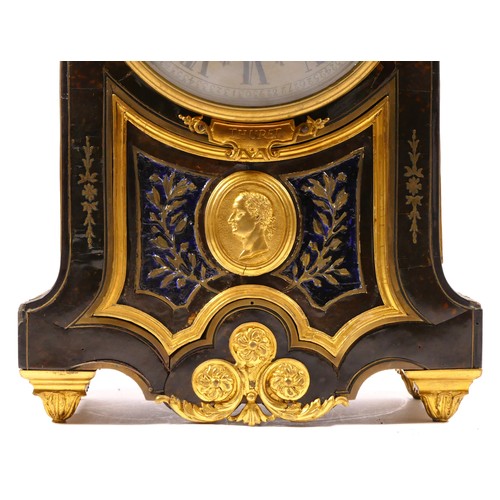 290 - A 19th century French boulle mantel clock, the 14 cm dial with silvered chapter ring, the red tortoi... 