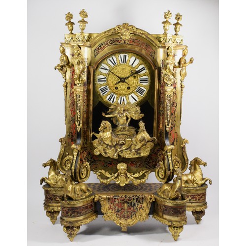 292 - An impressive 19th century French boulle mantel clock, the gilt brass dial with white enamel porcela... 