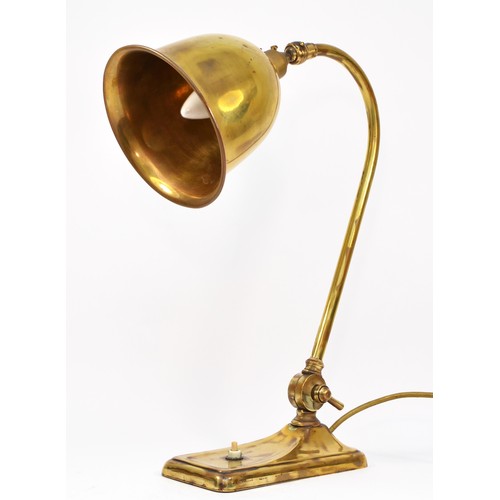 222 - An early 20th century brass table lamp, bell shape shade, 42cm, rewired but untested.