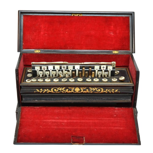 221 - A 19th century French accordion, ebonised case with boxwood inlay and mother of pearl keys, rosewood... 