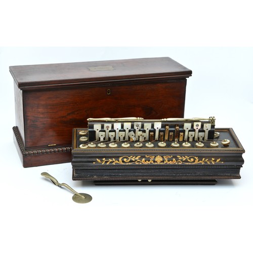 221 - A 19th century French accordion, ebonised case with boxwood inlay and mother of pearl keys, rosewood... 