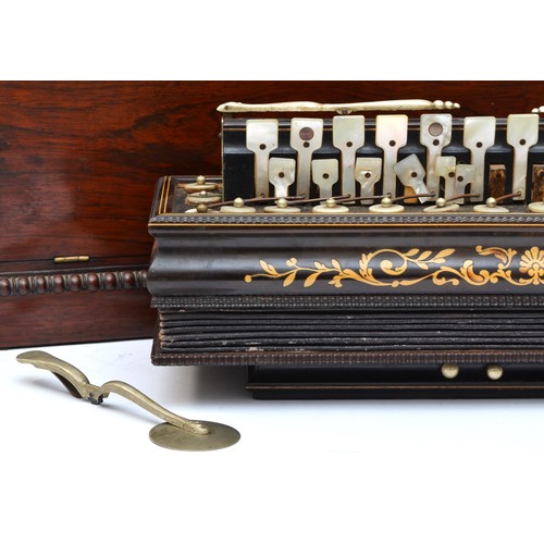 221 - A 19th century French accordion, ebonised case with boxwood inlay and mother of pearl keys, rosewood... 