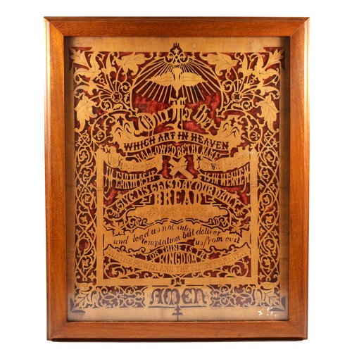 220 - An Edwardian softwood fretwork Lords Prayer, with floral surround, mahogany case, 57 x 46cm.