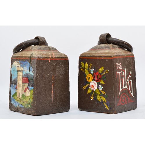 217 - Two 19th century cast iron weights, one painted with TIKI and flowers, the other with castles, 25 x ... 