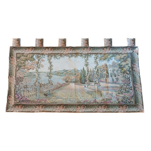 226 - A wall hanging tapestry, depicting a lakeside palace gardens, 100 x 180cm, together with a smaller e... 