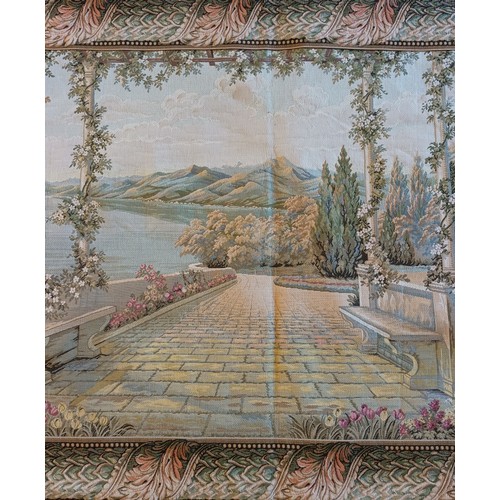 226 - A wall hanging tapestry, depicting a lakeside palace gardens, 100 x 180cm, together with a smaller e... 