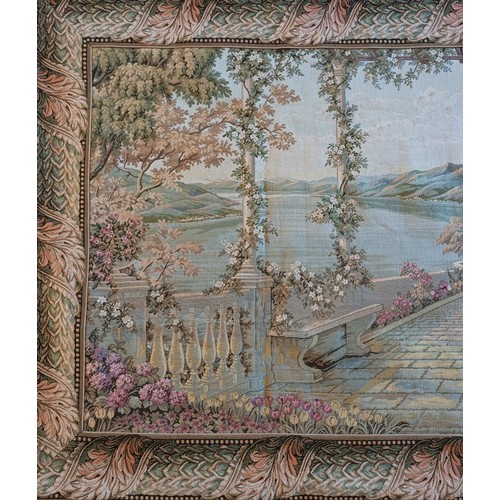 226 - A wall hanging tapestry, depicting a lakeside palace gardens, 100 x 180cm, together with a smaller e... 