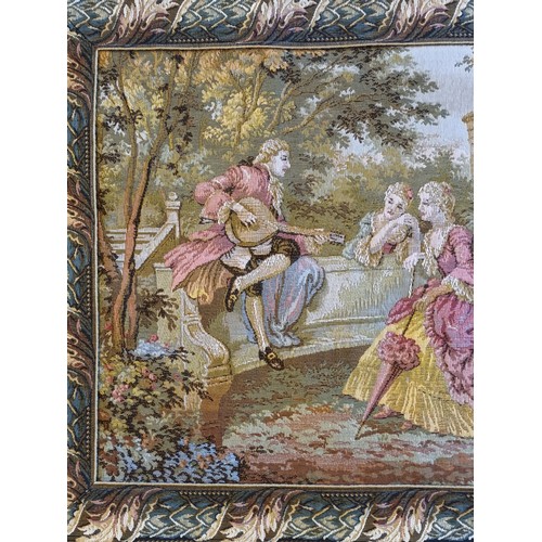 226 - A wall hanging tapestry, depicting a lakeside palace gardens, 100 x 180cm, together with a smaller e... 