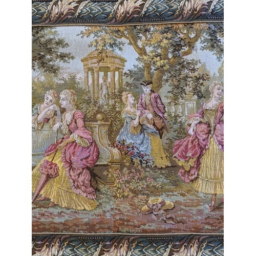 226 - A wall hanging tapestry, depicting a lakeside palace gardens, 100 x 180cm, together with a smaller e... 