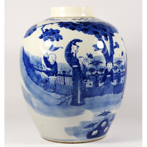 237 - A 19th century Chinese blue and white jar, of rounded ovoid form, decorated with officials and atten... 