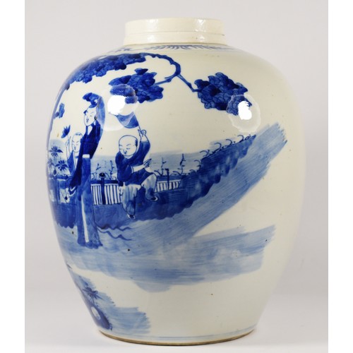 237 - A 19th century Chinese blue and white jar, of rounded ovoid form, decorated with officials and atten... 