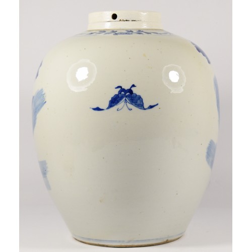 237 - A 19th century Chinese blue and white jar, of rounded ovoid form, decorated with officials and atten... 