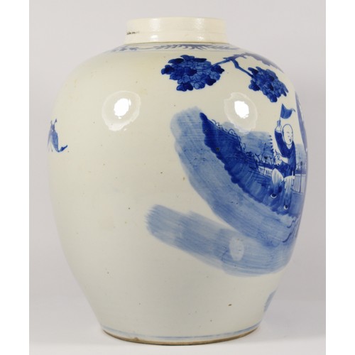 237 - A 19th century Chinese blue and white jar, of rounded ovoid form, decorated with officials and atten... 