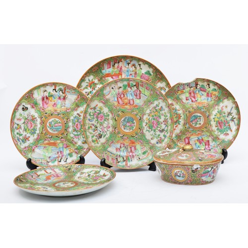 238 - A Cantonese famile rose four panel plate, 25cm, four smaller examples, 20cm (one A/F) and an oval li... 