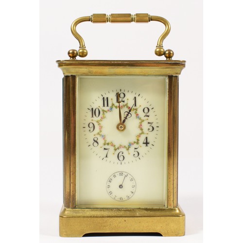 250 - A brass carriage alarm time piece, off white dial with floral garland, and subsidiary alarm dial, th... 