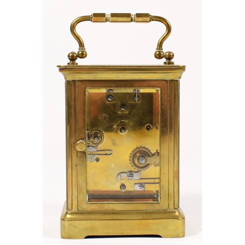 250 - A brass carriage alarm time piece, off white dial with floral garland, and subsidiary alarm dial, th... 