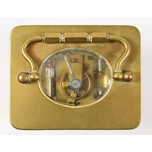 250 - A brass carriage alarm time piece, off white dial with floral garland, and subsidiary alarm dial, th... 