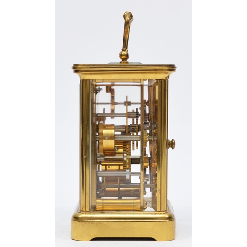 259 - Matthew Norman, London, a brass alarm carriage clock, the white enamel dial with Roman numerals and ... 