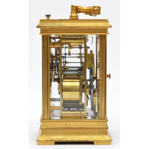 263 - A brass repeating and striking carriage clock, the white enamel dial with Roman numerals, the unsign... 