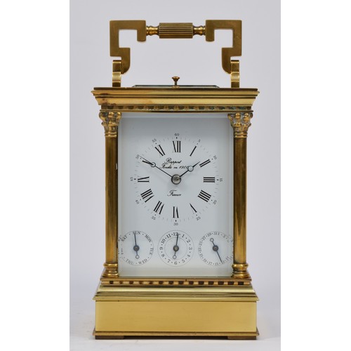 266 - Rapport France, a brass complicated repeating, striking, day, date, alarm carriage clock, the signed... 