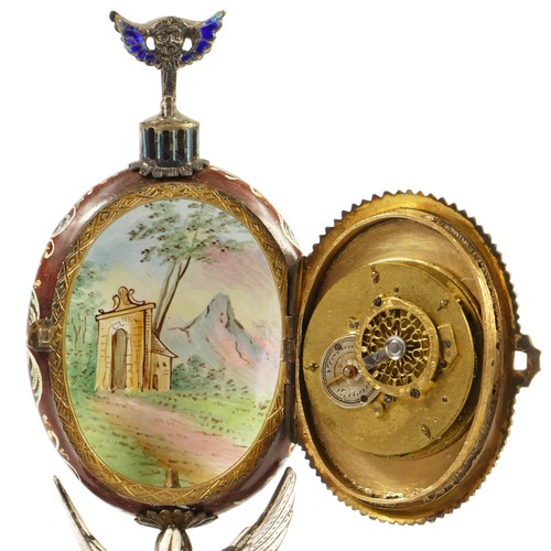 267 - A 19th century Viennese enamel table clock, the oval case containing a pocket watch movement, the ca... 