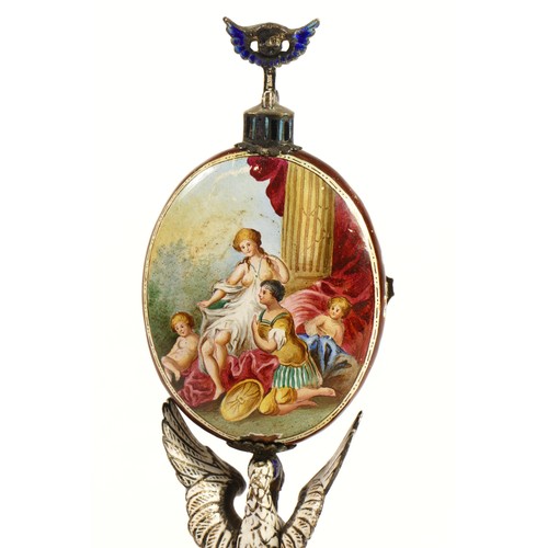 267 - A 19th century Viennese enamel table clock, the oval case containing a pocket watch movement, the ca... 