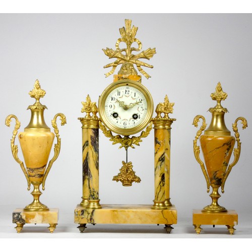 280 - A French Empire mid-19th century marble and gilt brass mounted clock garniture having an eight-day d... 