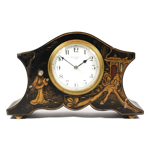 272 - A Bravingtons Ltd. London, French chinoiserie mantel clock, black case with lacquer decoration, Fren... 